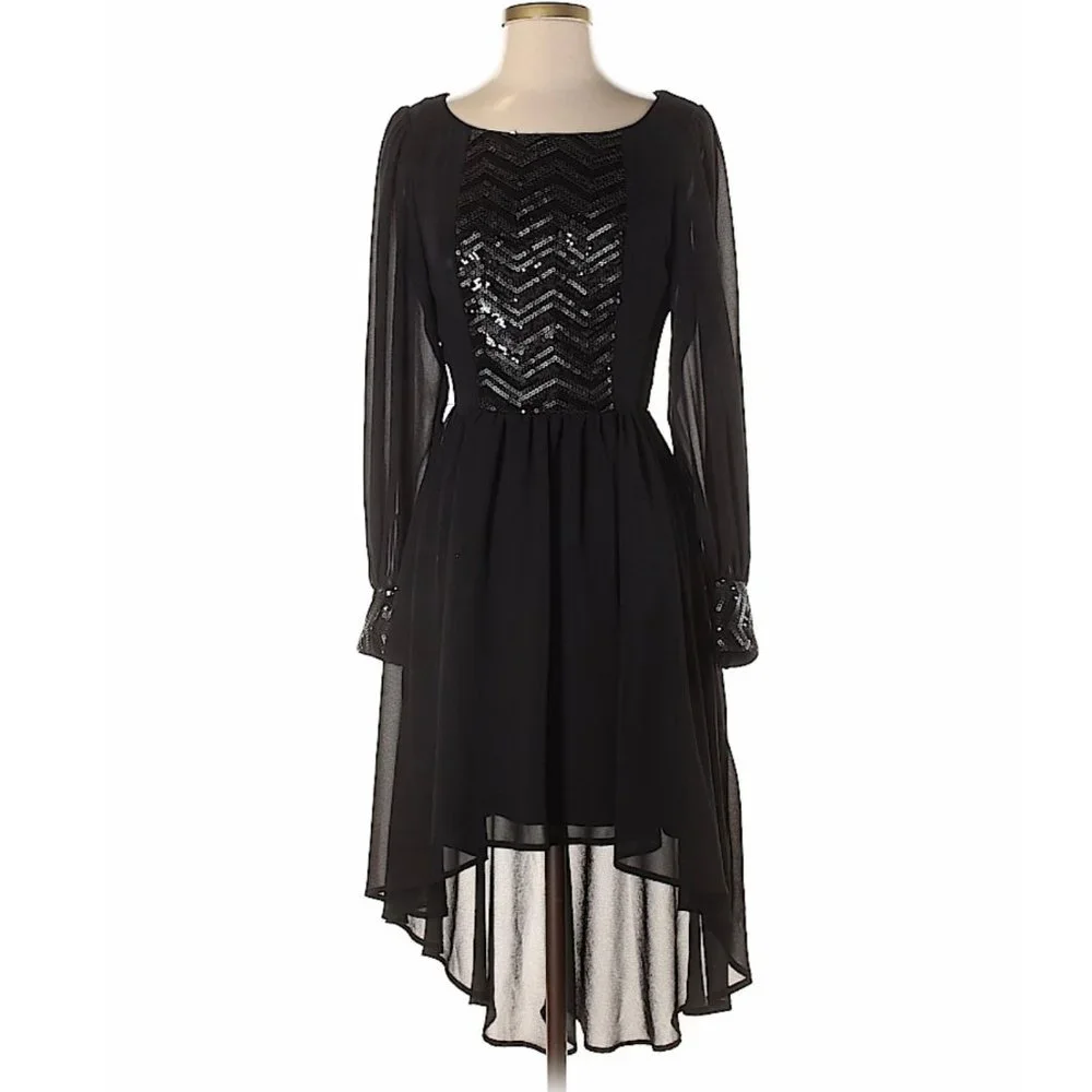 Gianni Bini Black Sequin Hi-Low Cocktail Dress | Long Sleeve | Size 5 - Picture 2 of 10